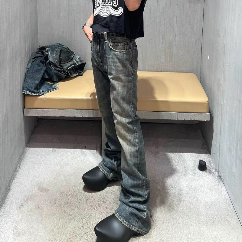 2023高定ファッションウィークboot cut竹節綿色あせた泥染めミニラッパジーンズアメリカ高街レトロ|undefined
