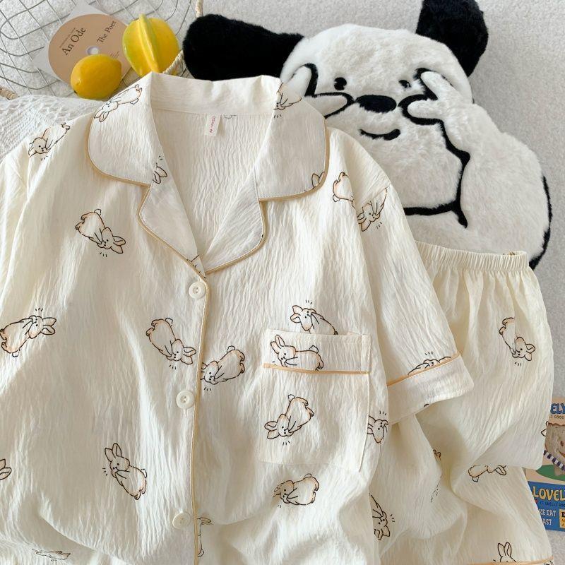 Verano nuevo pijama de algodón nube delgada suelta mujer gran hermana gorda dos piezas de dibujos animados impresión ropa para el hogar
