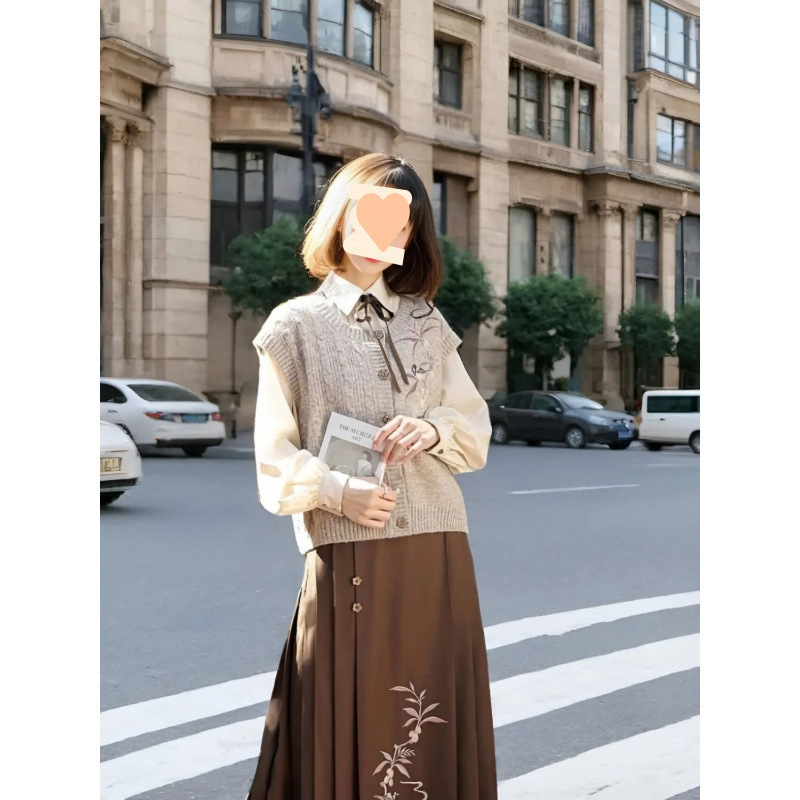新中式国风两件套装春秋气质复古汉服长袖衬衫叠穿针织马甲开衫潮