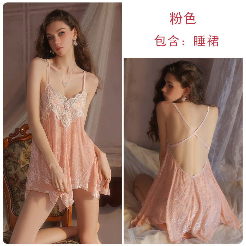瑰若深V火辣加胸垫内衣纯欲甜美丝绒睡裙网纱外袍家居服套装5758|undefined