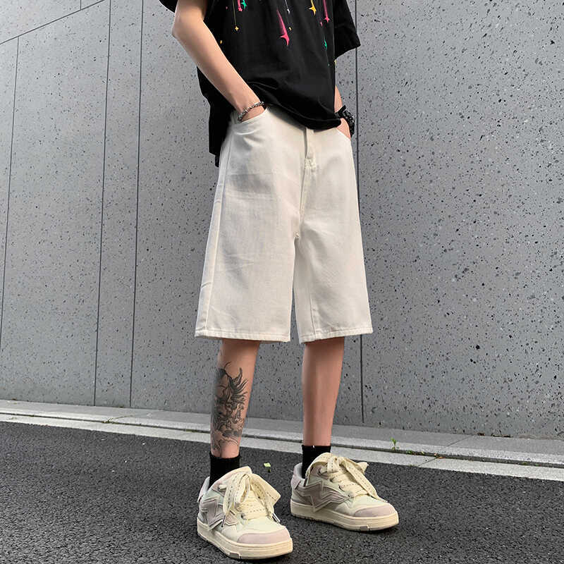 Pantaloncini di jeans casual estivi bianchi larghi 2024 nuovi pantaloni alla moda a cinque quarti con gamba dritta di media lunghezza per uomo_voghion.com