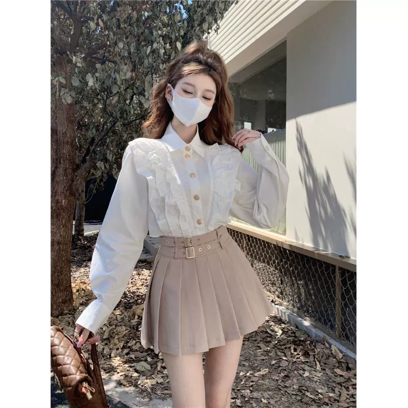 荷叶边小众设计感长袖衬衫女装春夏季2024新款小个子甜美减龄上衣