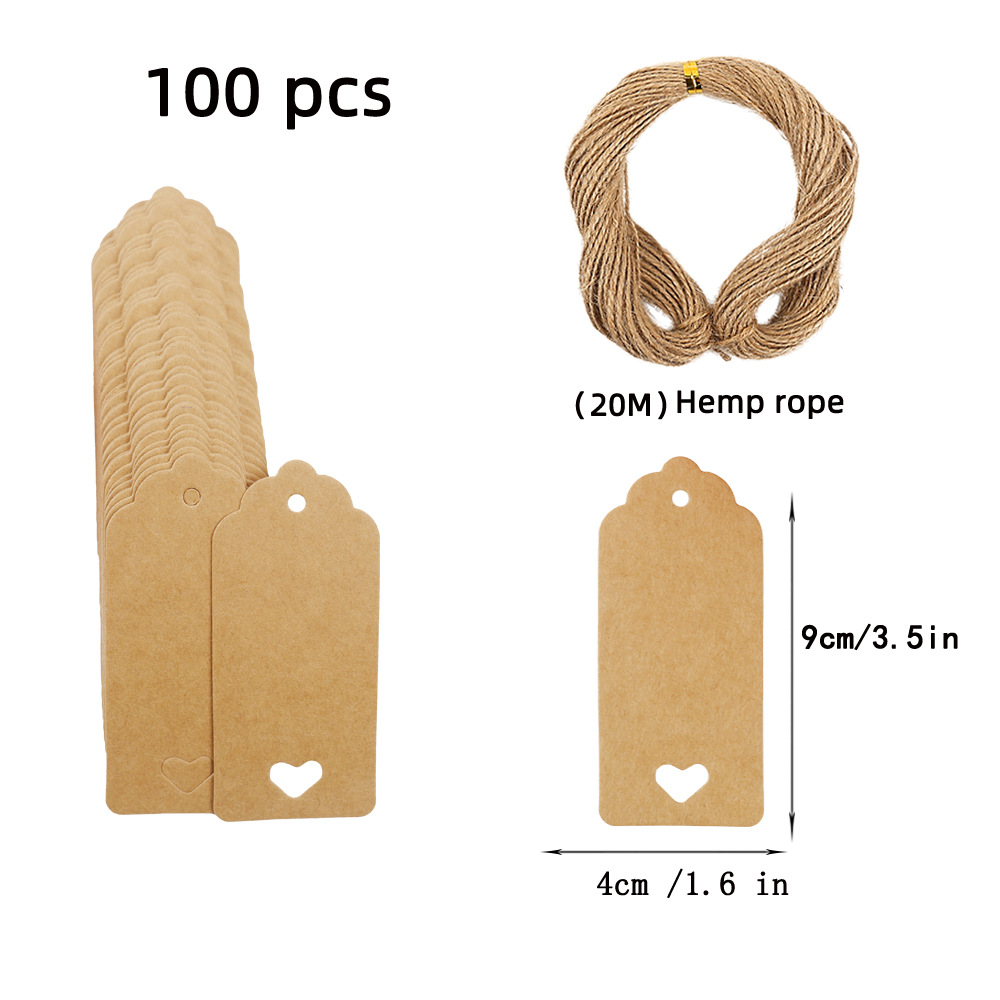 牛皮纸吊牌批发套装100张+20米麻绳4*9cm空白卡片纸标签镂空挂牌