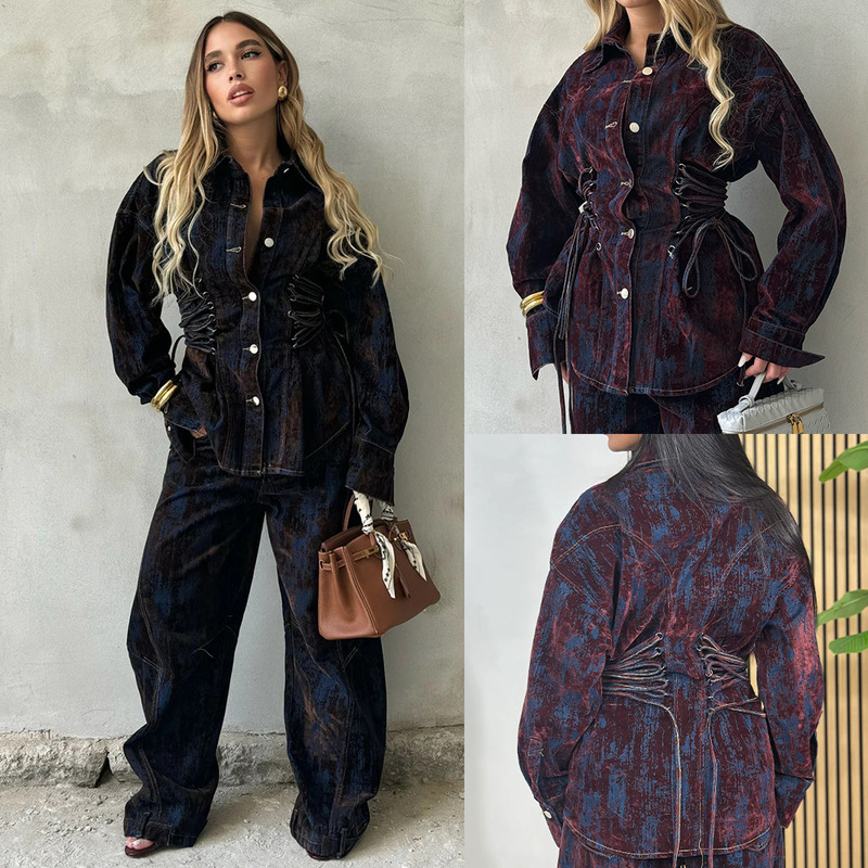 European and American Cross-Border Autumn Design Suit Printed Flocking Contrasting Color Lace-Up Denim Jacket Pants Suit 89255