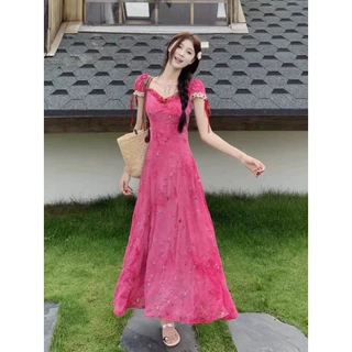 2025新款轻奢高级感收腰显瘦碎花裙玫红色特别漂亮掐腰连衣裙夏女
