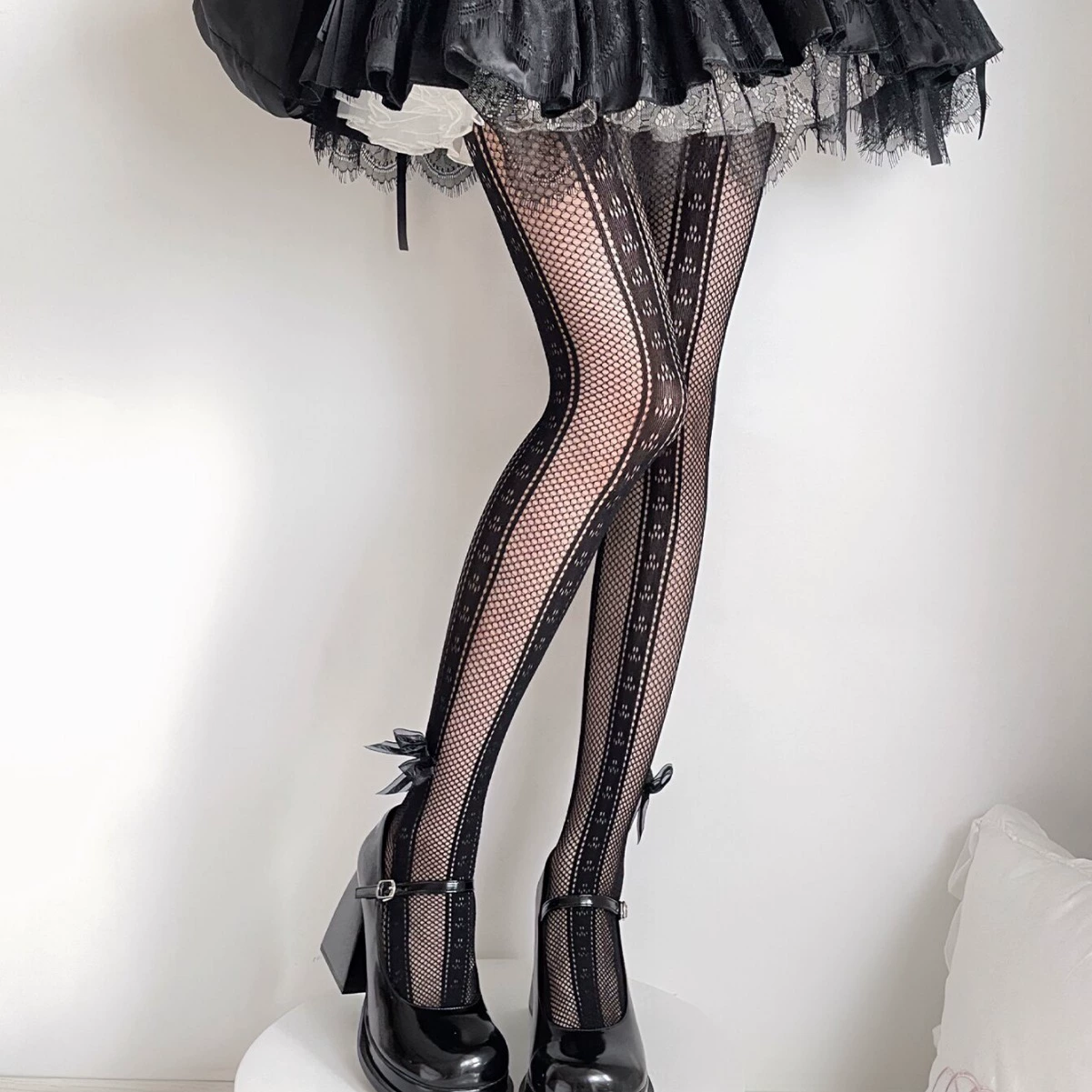 Сетчатые колготки, lolita стиль, чёрные с бантом, летние тонкие, one size