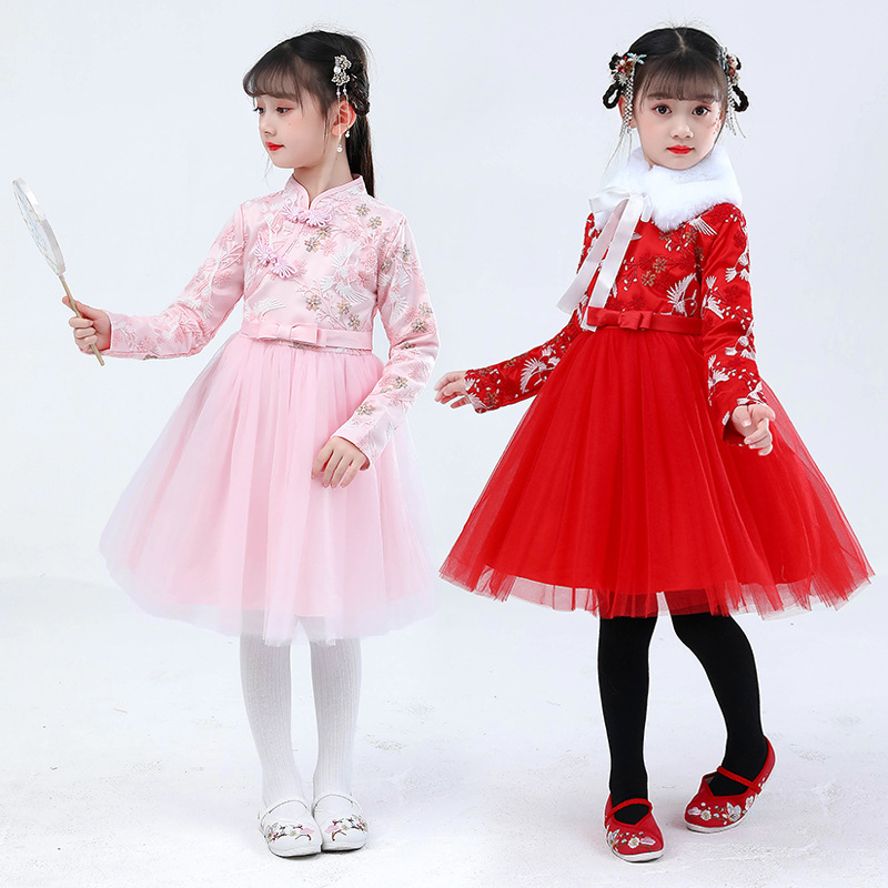 儿童秋冬连衣裙古装汉服女童连衣裙新款童裙刺绣旗袍裙女孩中国风