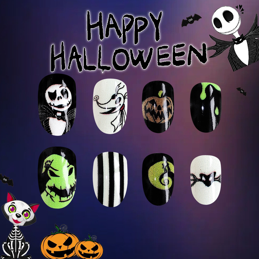 Halloween corto ovale thriller teschio pipistrello faccia strana strisce bianche e nere indossa nail art patch commercio estero 24 pezzi_voghion.com