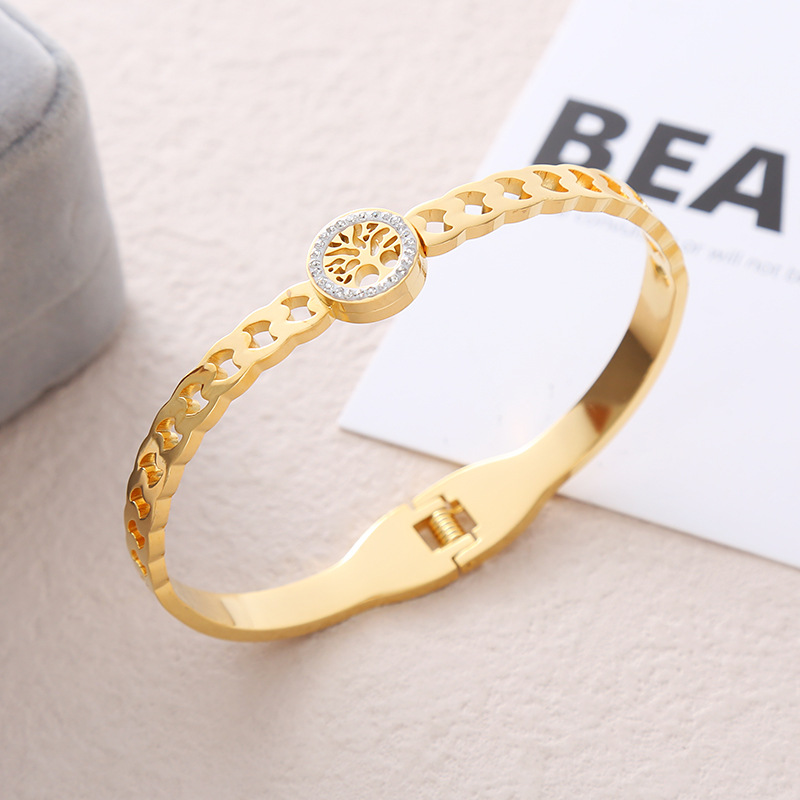 Stainless Steel Material Tree Pattern Casual Lady Streetwear Tree Stainless Steel Plating Inlay Zircon Bangle