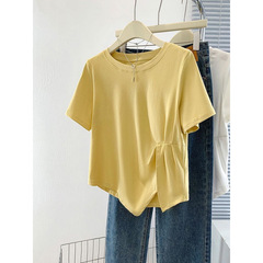 【店頭売れ筋】太ったmm向けのスリットデザイン夏用純綿半袖Tシャツ、大きいサイズでお腹をカバーしてスリムに見える半袖