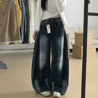 小个子美式复古弯刀牛仔裤女新款高腰宽松休闲百搭阔腿拖地长裤