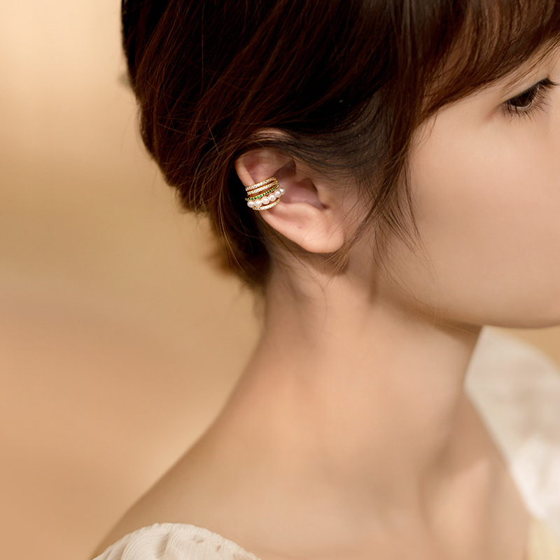 Eloch s925 plata retro sintética perla oreja clips de perlas para mujeres solo diamantes multicapa oreja clips G8734