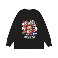 250g重磅双纱 弹珠超人印花跨境大板罗纹袖口纯棉长袖T恤男女情侣