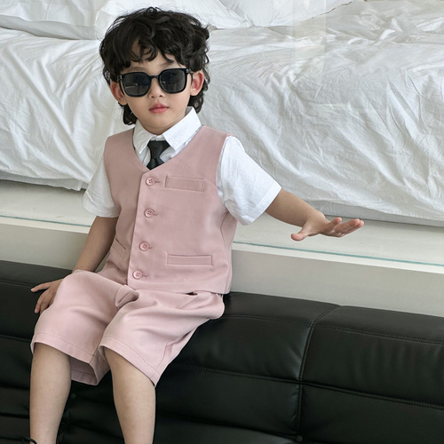 Boy's Vest Shorts Set 2024 Spring Summer New May Day Children's Performance Costume Kids' Korean Style Single Button Dress