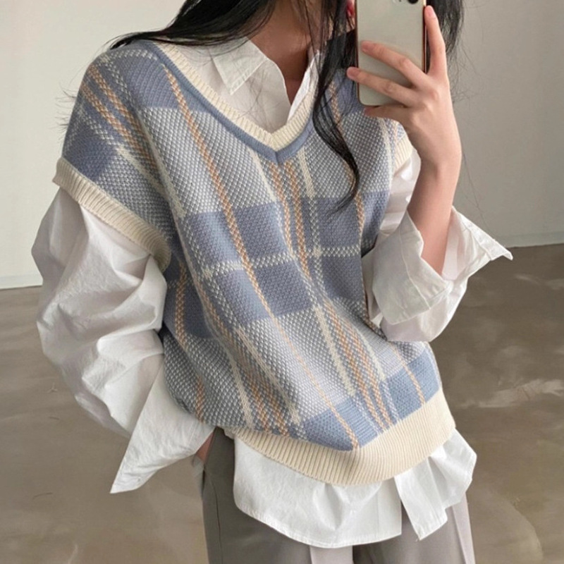 Korean Ins Autumn and Winter Retro Plaid V-Neck Sweater Vest Layered Knitted Vest Loose Bottoming for Women
