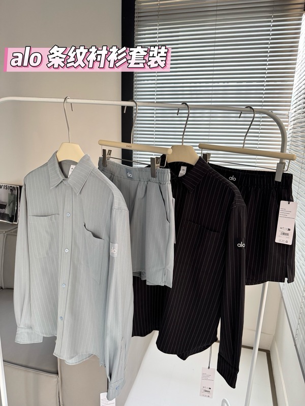 alo新款休闲条纹长袖衬衫短裤套装女百搭宽松显瘦简约优雅慵懒风|undefined
