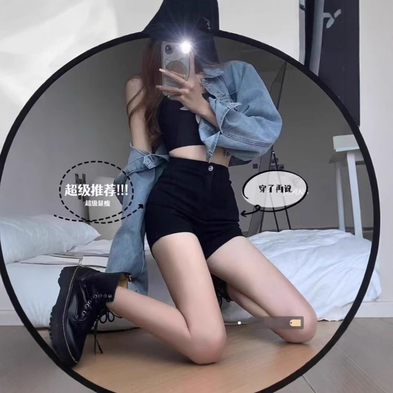 2024 New Black Denim Shorts Women's High Waist American Style Hot Girl Bag Hip Tight Slim A- shaped Hot Pants for Summer