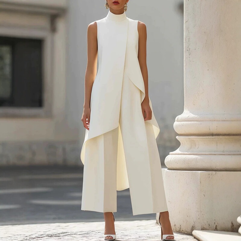 2026 European and American Fashion New Style, Slim-Fit Irregular Design for Work, Elegant High-Neck Sleeveless Faux Two-Piece Jumpsuit