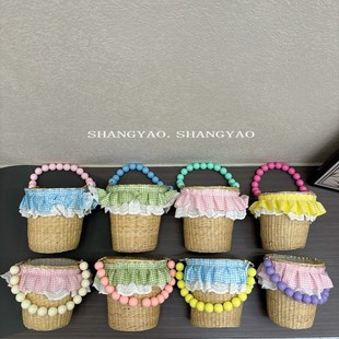 Ins Style Spring and Summer Kidsren's Handmade Straw Colorfulful Beads Satchel Bucket Bag Plaid Travel Handbag Basket