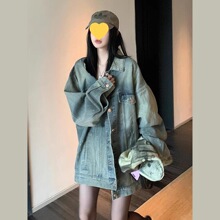 早秋美式复古水洗做旧牛仔外套女中长款宽松春秋2025新款夹克上衣