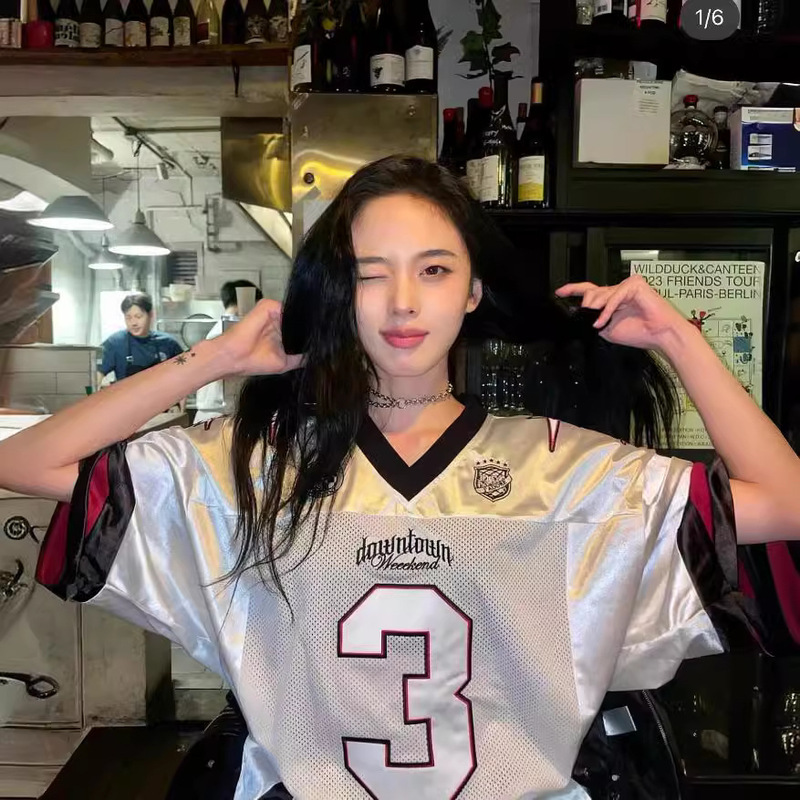 Spot Korean Niche Designer Trendy Brand Street American No. 3 Contrasting Color Stitching Loose Short-Sleeved Jersey for Women