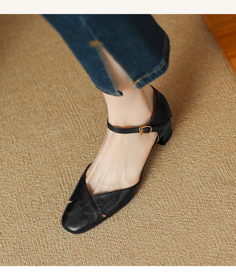 Sandal nữ quai ngang bít mũi gót cao vừa phong cách đơn giản đi làm — Màu nâu chi tiết 10