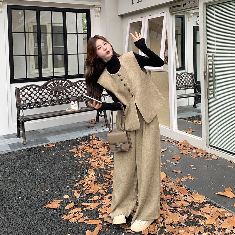 卡其色小香风马甲套装女秋季2025新款韩系气质高级感阔腿裤两件套|undefined