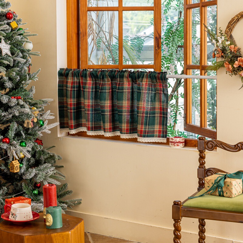 Le Xuanxiu Christmas Plaid Half-Curtain, Light-Transmitting but Not See-Through, Small Window Curtain, No-Drill Kitchen Partition Curtain