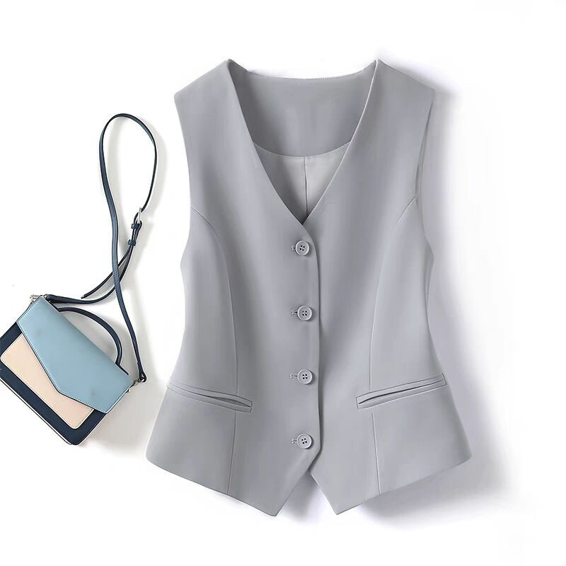 Traje chaleco de mujer 2025 primavera y otoño nuevo delgado plegado para usar hombro de mujer gris corto clip de caballo