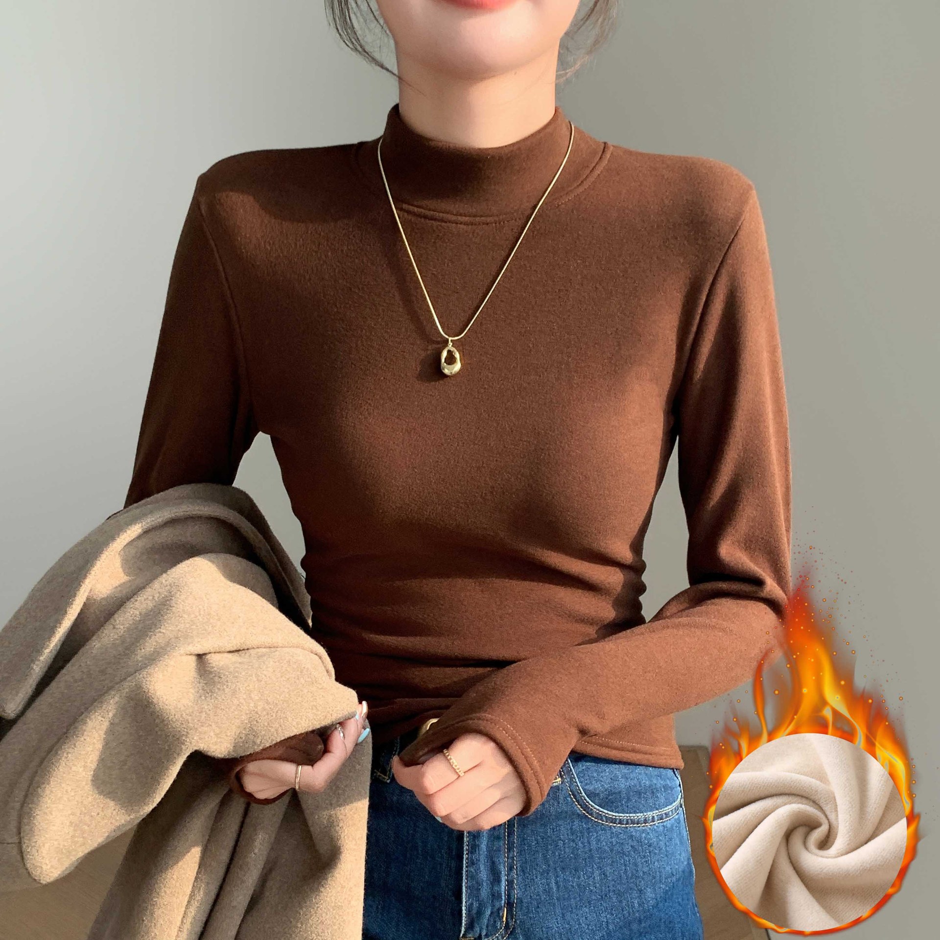 Women's Clothing Half Turtleneck Wool Bottoming Shirt For Women In Autumn And Winter With Plush And Thickened Slim Fit Warm Long Sleeved Top_voghion.com