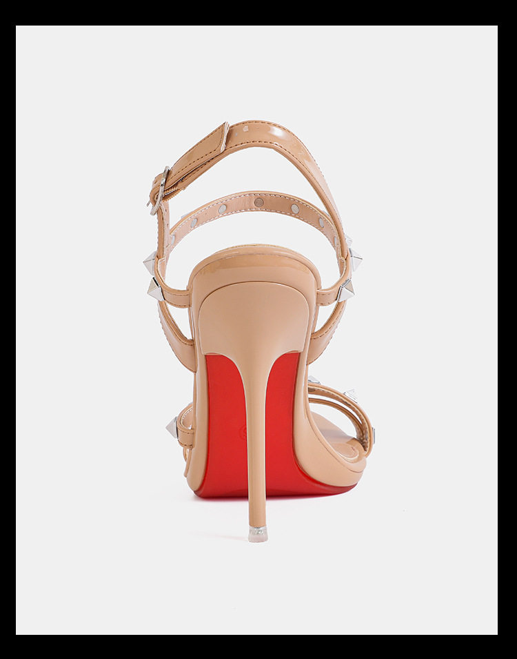 Sandal nữ quai ngang mũi nhọn gót nhọn siêu cao đính đinh tán kim loại, đế đỏ, phong cách Âu Mỹ — Màu be, Màu bạc, Màu trắng, Màu tím chi tiết 28