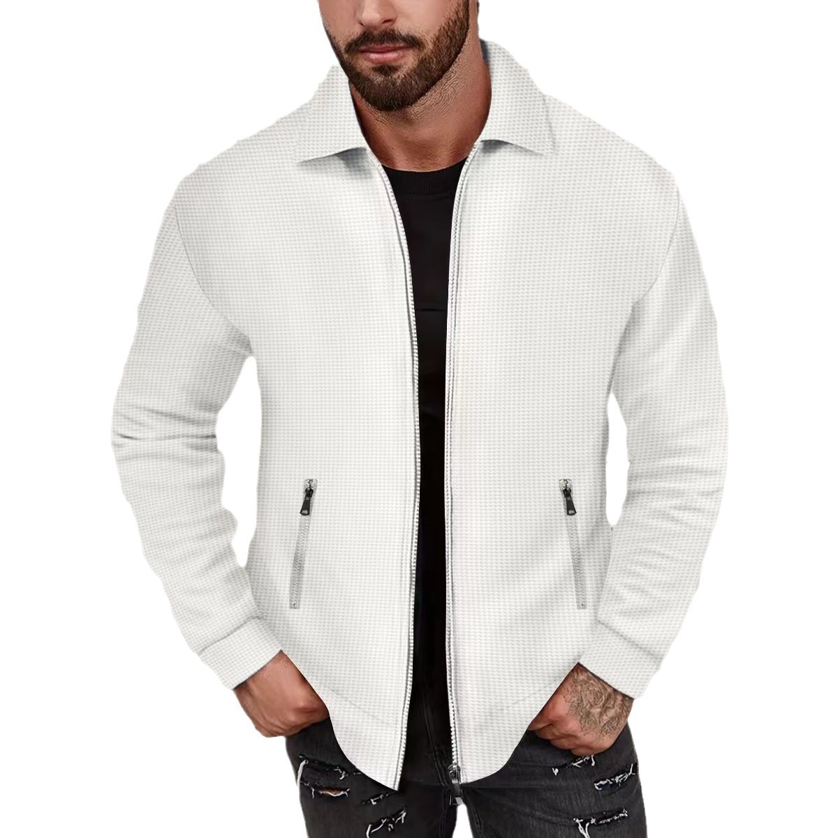 Chaqueta de hombre estilo europeo y americano, talla grande, estilo waffle, con cremallera, manga larga, informal, para otoño.
