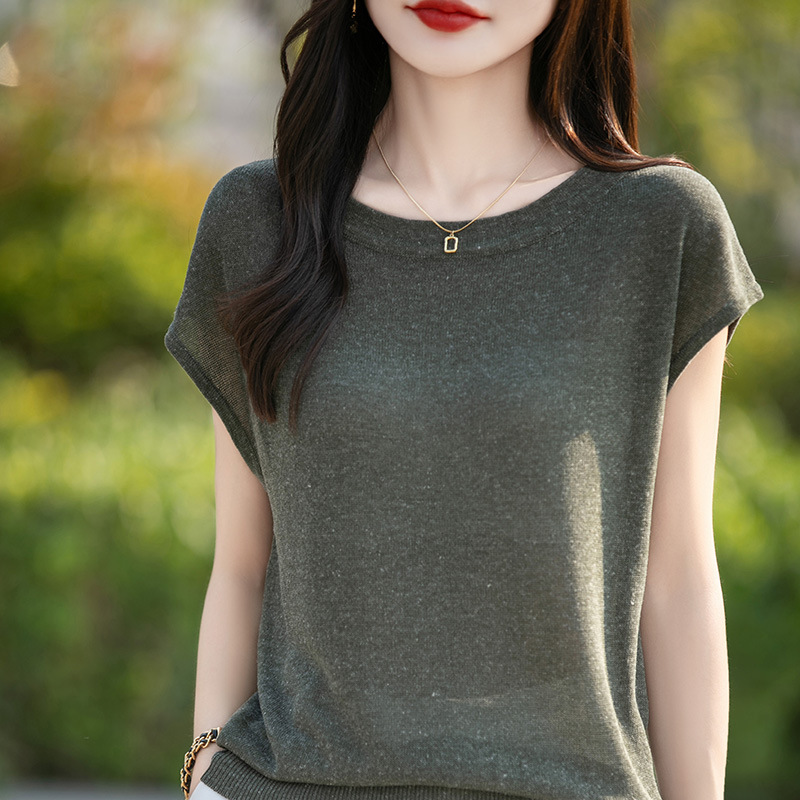 2025 New Summer Tencel Linen Round Neck Knitwear Shoulder-Covering Short-Sleeved Pure Color Pullover Bottoming Shirt Top for Women