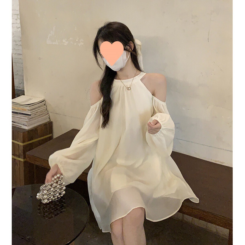 Korean Style Shoulder Neck Design Sense dress Spring and Summer Loose Elegant Sweet Beach Holiday Short Skirt