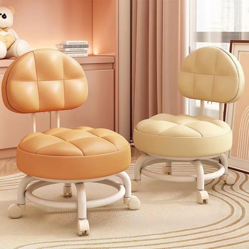 Small Stool Pulley Low Stool with Universal Wheel Learning Stool Household Lazy Roller Skating Beautiful Sewed Small Chair Backrest Round Stool