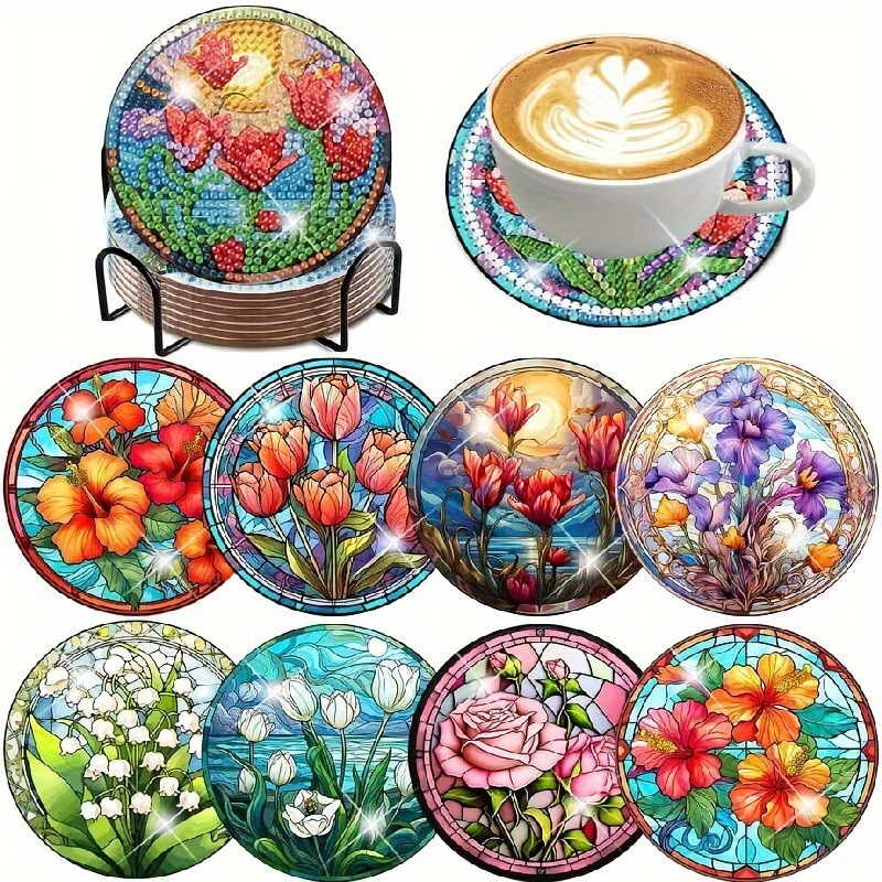 Ventas transfronterizas calientes de 8 piezas de conjunto de cojín de taza de arte de diamante, con soporte, pequeño conjunto de pintura de diamante, adecuado para adultos
