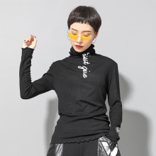 欧美秋冬女装新款打底T恤印字母高领弹力显瘦暗黑打底衫修身女装