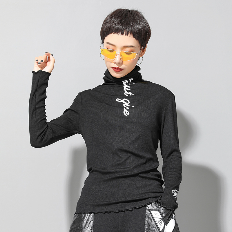 欧美秋冬女装新款打底T恤印字母高领弹力显瘦暗黑打底衫修身女装