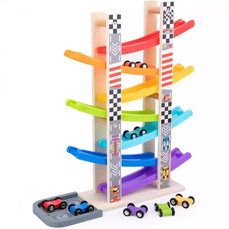 Children's Wooden Car Ramp Racing Toy Car Set Multi-Layer Track Gliding Car Children's Day