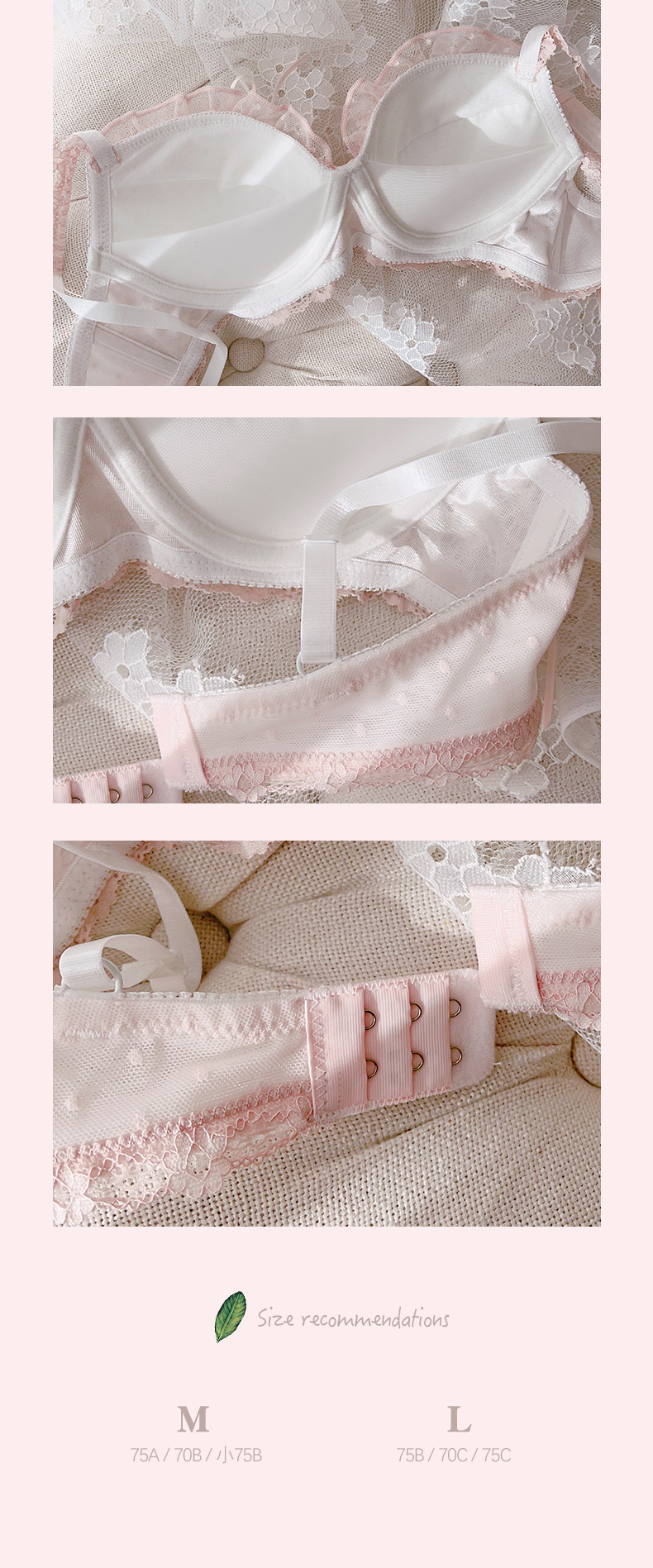 Description Picture 5 of itemWomen solid color embroidery lace lingerie and panties set ruffled cross ribbon sexy thin mold cup bras no steel ring bralette