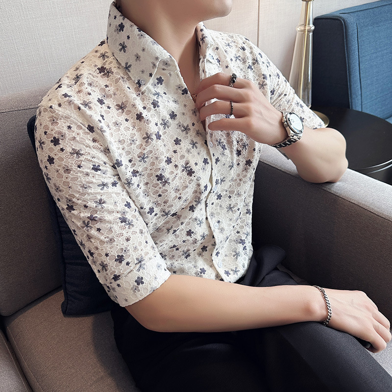 Summer New Men's Half Sleeve Shirt Sexy Hollow Lace Breathable Small Floral Quality V-neck Mid Sleeve Shirt