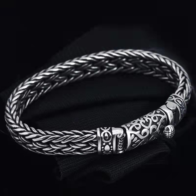 Papas Men's Bracelet Creative Pure Weave Vintage Trendy Personality Chunky Bold Arc Buckle Dragon Pattern