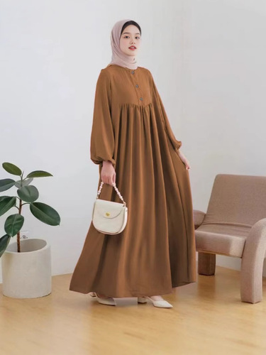 New Muslim Women's Long Robe: Stylish, Casual, with Puff Sleeves—Simple, Loose-Fitting, Solid-Color Dress