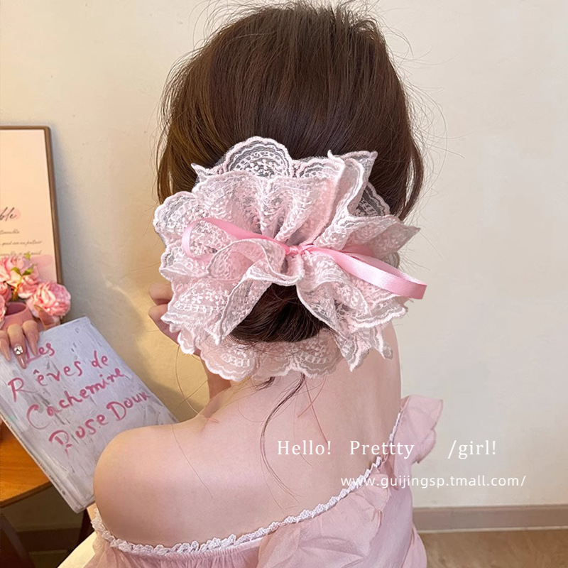 4 # anillo de pelo con cordón de encaje rosa-29cm
