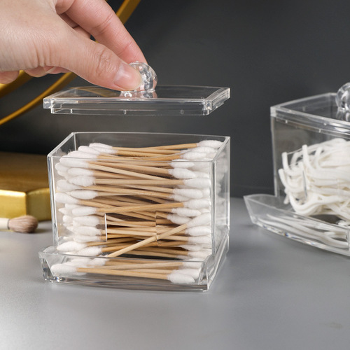 桌面透明棉签收纳盒创意家用卸妆棉牙签牙线塑料有盖防尘储物盒子