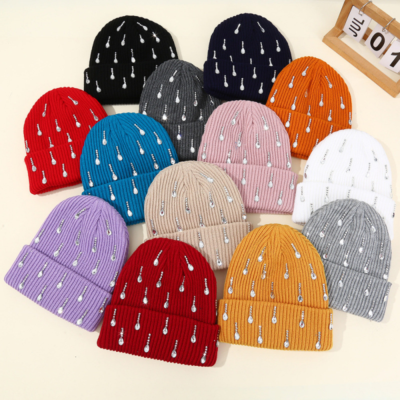 Cross-Border Exclusive Supply of New European and American Style Pearl and Rhinestone Knitted Hats, Double-Layer Outdoor Warm Hats, Personalized Street Style Woolen Hats Wholesale