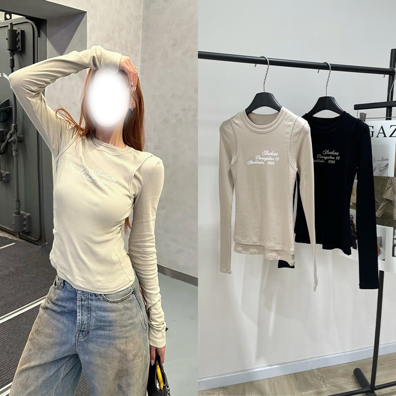 2025 Early Autumn Two-Color Vertical Pattern Artistic Letter Printing Real Two-Piece Long-Sleeved T-Shirt Slimming Look Retro Top for Women