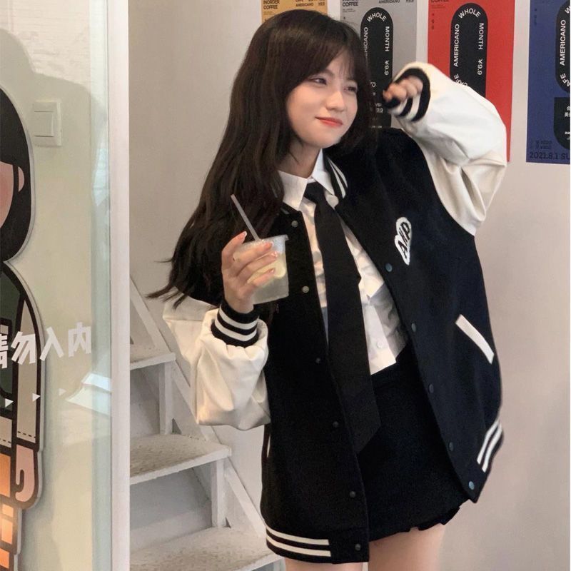 Women's 2022 Autumn New Arrival Versatile American Style Jacket Retro Color Block Print College Style Baseball Jacket INS Style