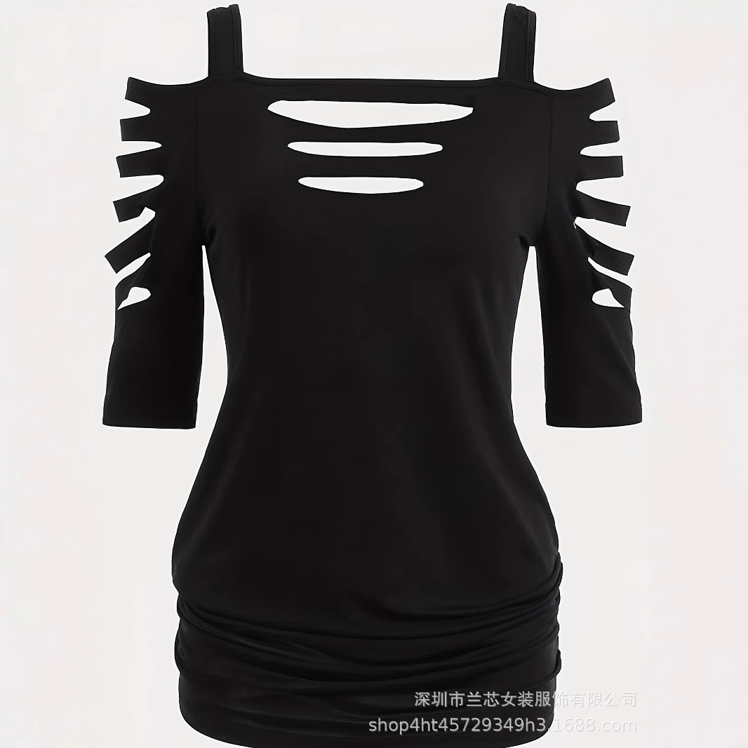 【标码】外贸肩剪裂五分袖修身T恤性感镂空设计中长款上衣破洞