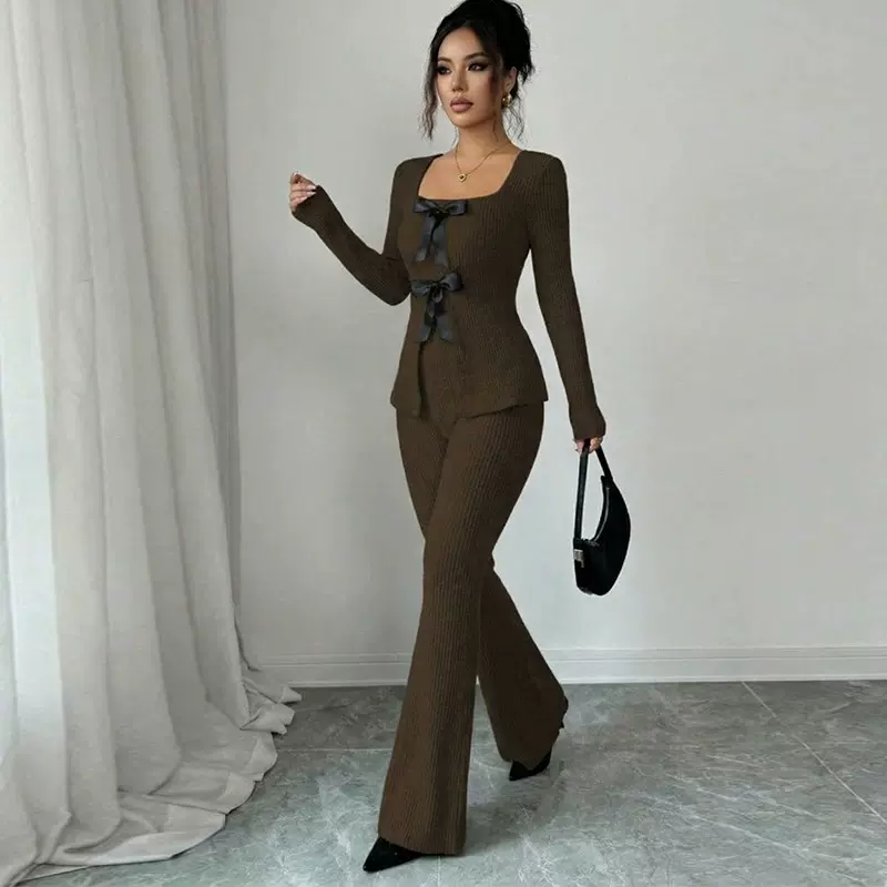 欧美跨境气质时尚蝴蝶结长袖上衣修身休闲长裤套装独立站外贸女装